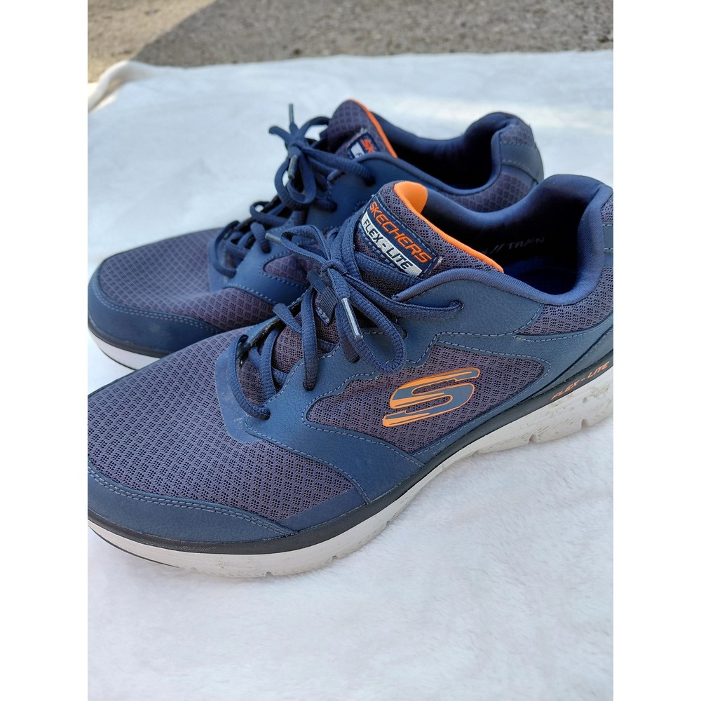 Skechers Flex-Lite Mens 10.5 Wide Fit Navy Blue Orange Training Shoes 232225W